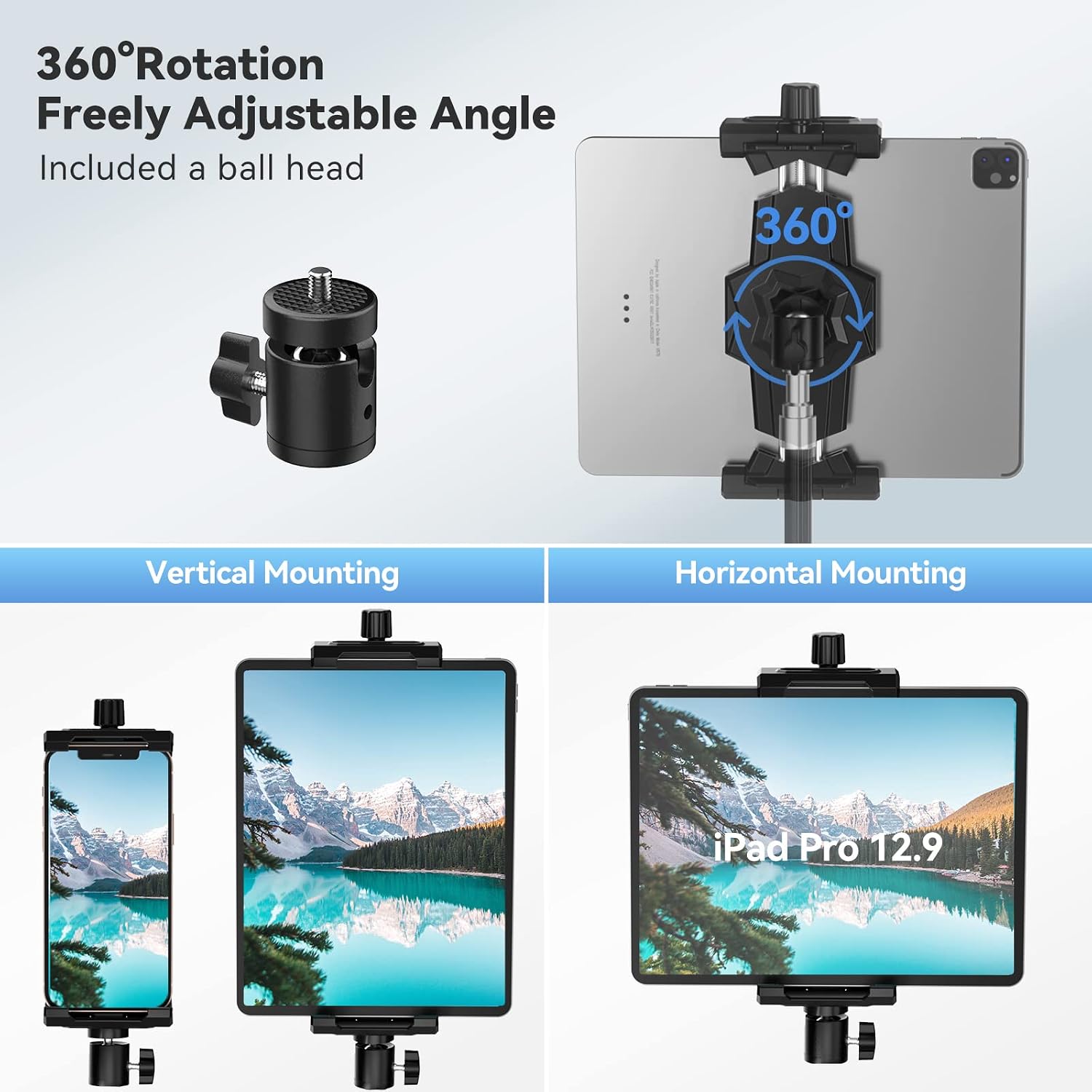 iPad and Phone Tripod Mount Adapter with Ball Head, iPad Holder for Tripod, 360 Rotatable Tablet Clamp Mount fits iPad Pro 12.9, Air Mini 3 4, Galaxy Tab, Surface Pro, Selfie Stick(5.3-10.6")