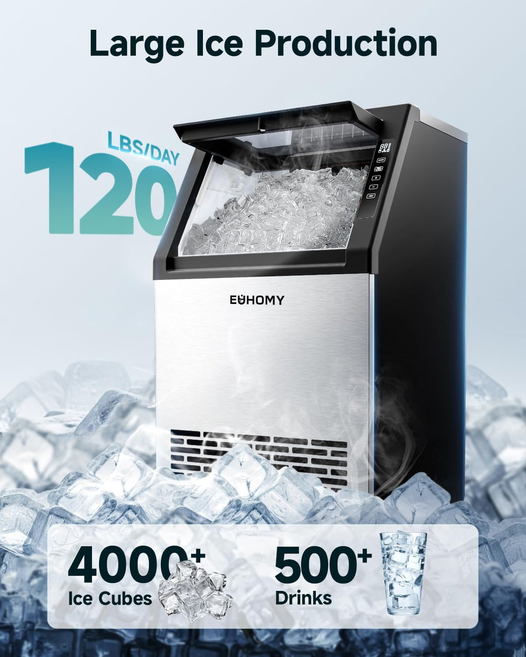 Commercial Ice Maker Machine,120lbs/24H Stainless Steel Under Counter Ice Machine with 33lbs Storage Bin, Freestanding Ice Maker for Home/Bar/Cafe/Restaurant