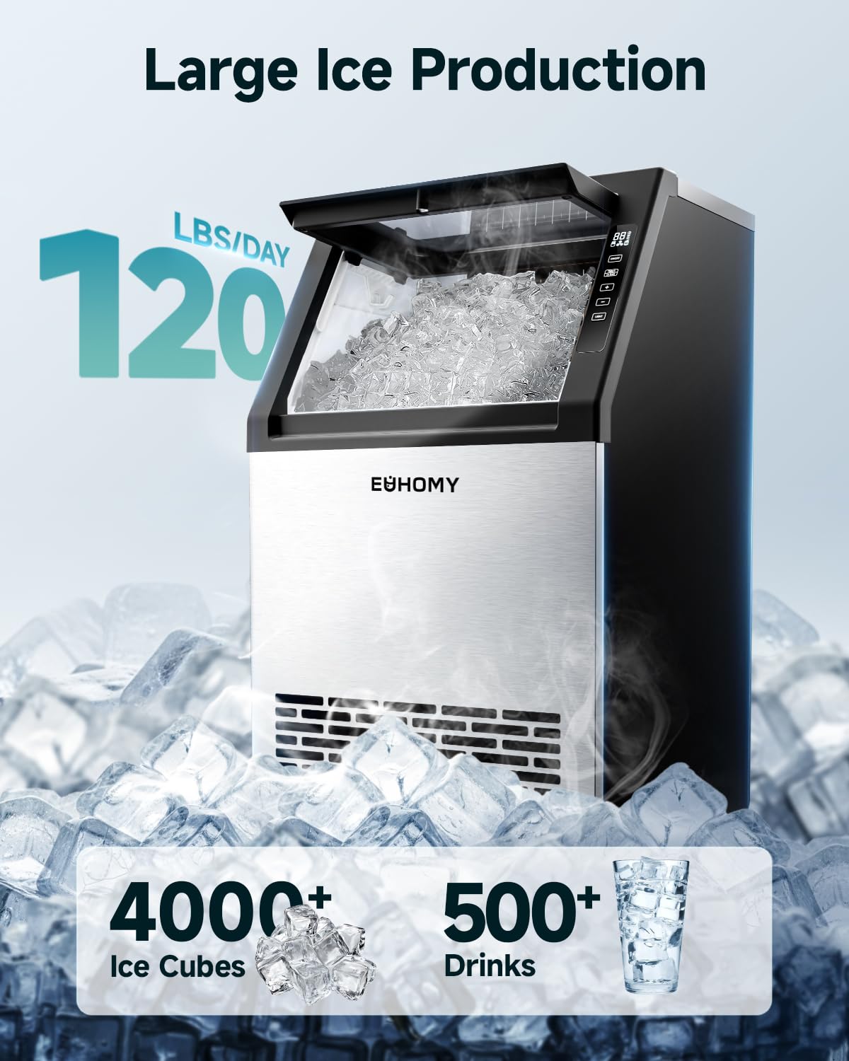 Commercial Ice Maker Machine,120lbs/24H Stainless Steel Under Counter Ice Machine with 33lbs Storage Bin, Freestanding Ice Maker for Home/Bar/Cafe/Restaurant