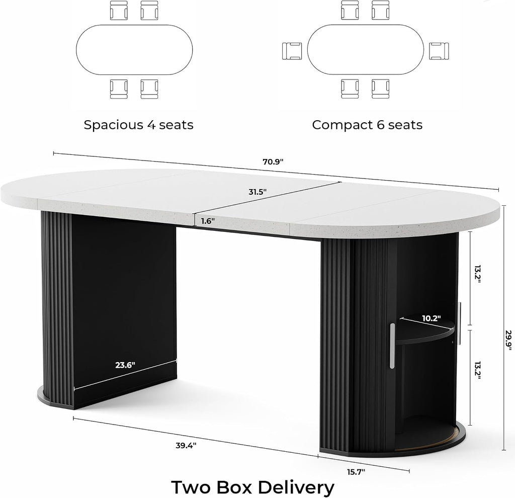 71" Oval Dining Table for 4-6 with Hidden Storage, Modern Farmhouse Kitchen Table with Fluted Semi-Cylindrical Legs, Faux Quartz Top for Dining Room, Kitchen, Living Room & Home Office (Black)