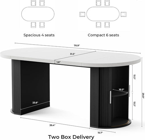 71" Oval Dining Table for 4-6 with Hidden Storage, Modern Farmhouse Kitchen Table with Fluted Semi-Cylindrical Legs, Faux Quartz Top for Dining Room, Kitchen, Living Room & Home Office (Black)