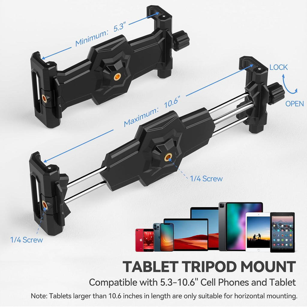 iPad and Phone Tripod Mount Adapter with Ball Head, iPad Holder for Tripod, 360 Rotatable Tablet Clamp Mount fits iPad Pro 12.9, Air Mini 3 4, Galaxy Tab, Surface Pro, Selfie Stick(5.3-10.6")