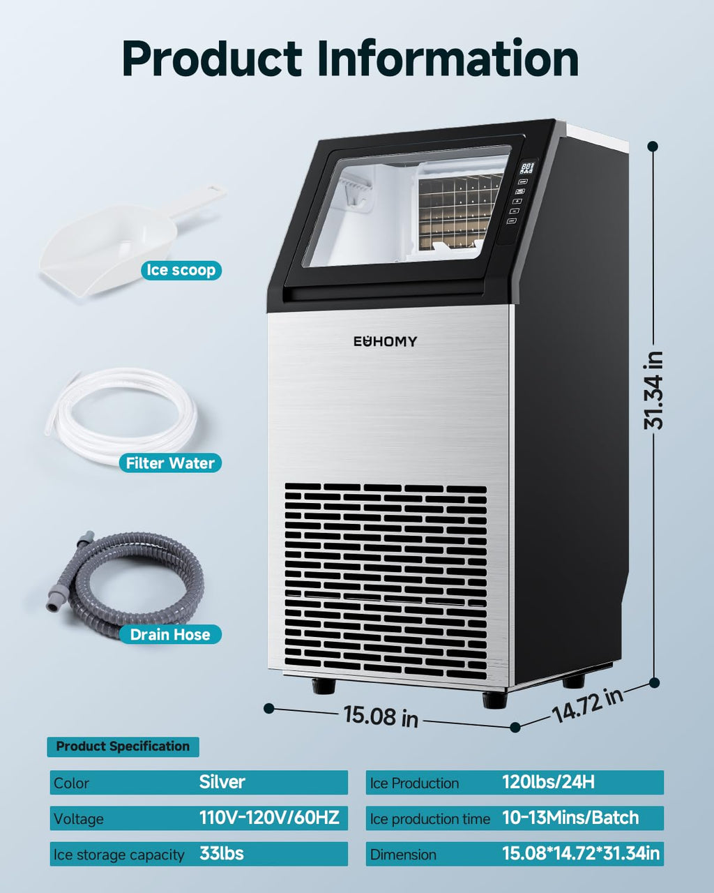Commercial Ice Maker Machine,120lbs/24H Stainless Steel Under Counter Ice Machine with 33lbs Storage Bin, Freestanding Ice Maker for Home/Bar/Cafe/Restaurant