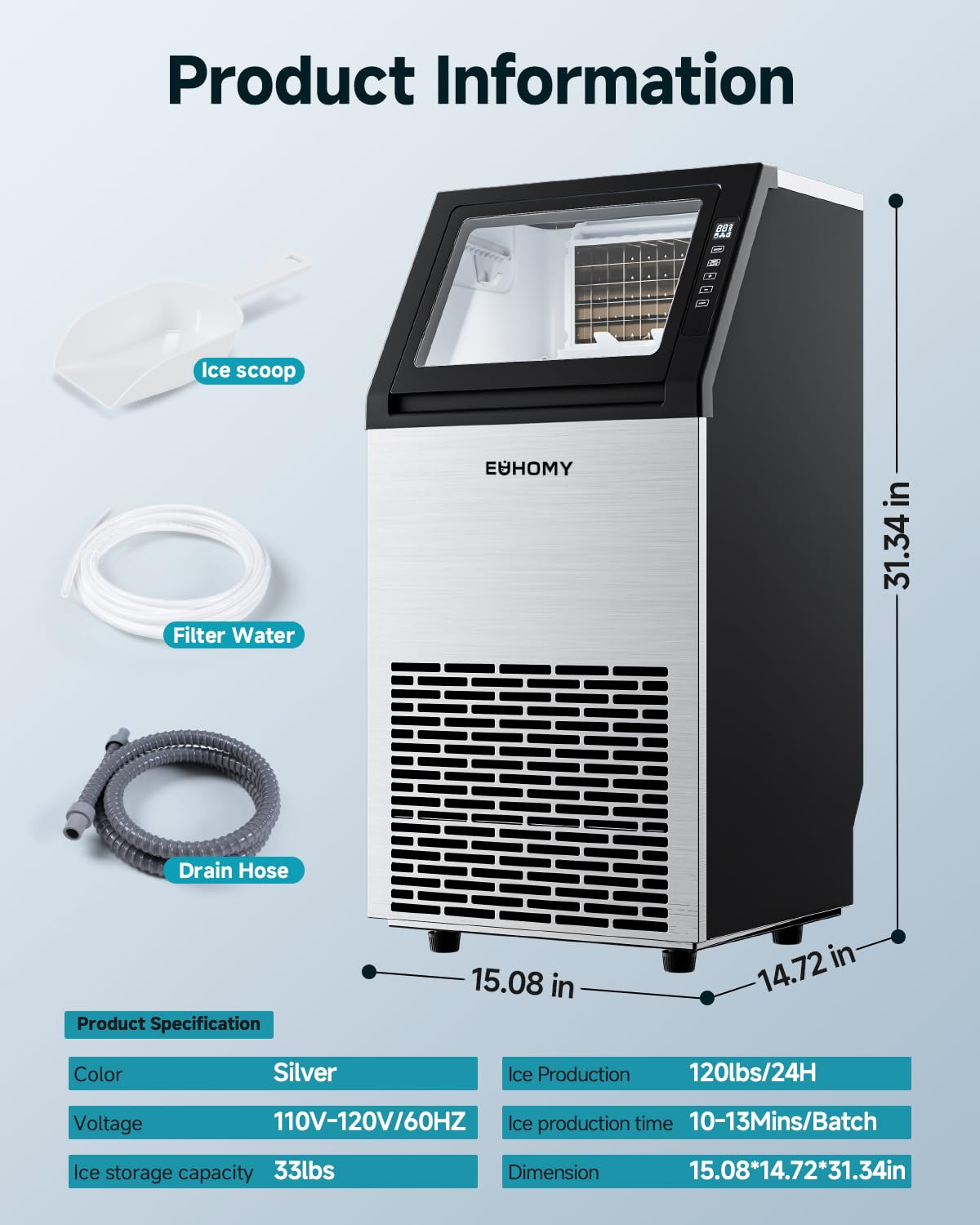 Commercial Ice Maker Machine,120lbs/24H Stainless Steel Under Counter Ice Machine with 33lbs Storage Bin, Freestanding Ice Maker for Home/Bar/Cafe/Restaurant