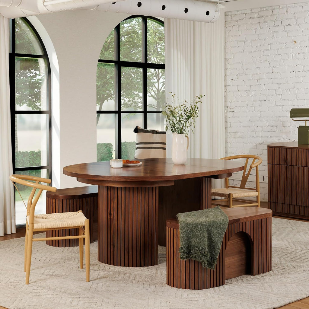 Solid Wood Extendable Round Dining Table Set, Expandable Dining Table, Elegant and Functional Design, Perfect for Dining Room, Royal Brown (Table + 2 Benches)