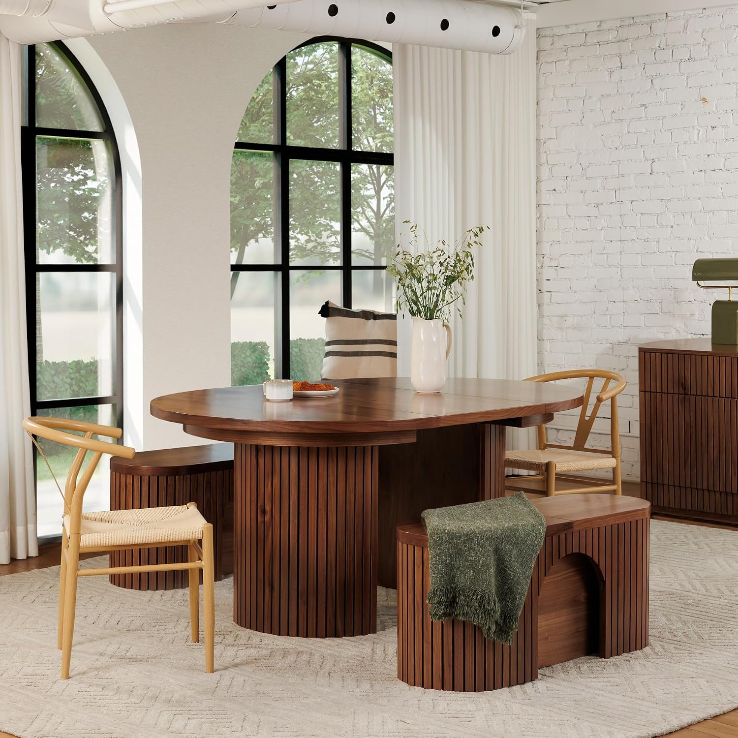 Solid Wood Extendable Round Dining Table Set, Expandable Dining Table, Elegant and Functional Design, Perfect for Dining Room, Royal Brown (Table + 2 Benches)