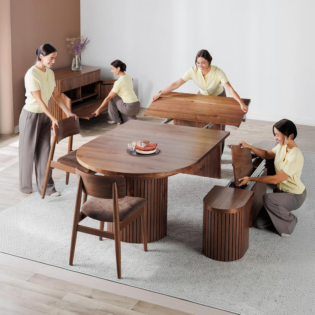 Solid Wood Extendable Round Dining Table Set, Expandable Dining Table, Elegant and Functional Design, Perfect for Dining Room, Royal Brown (Table + 2 Benches)