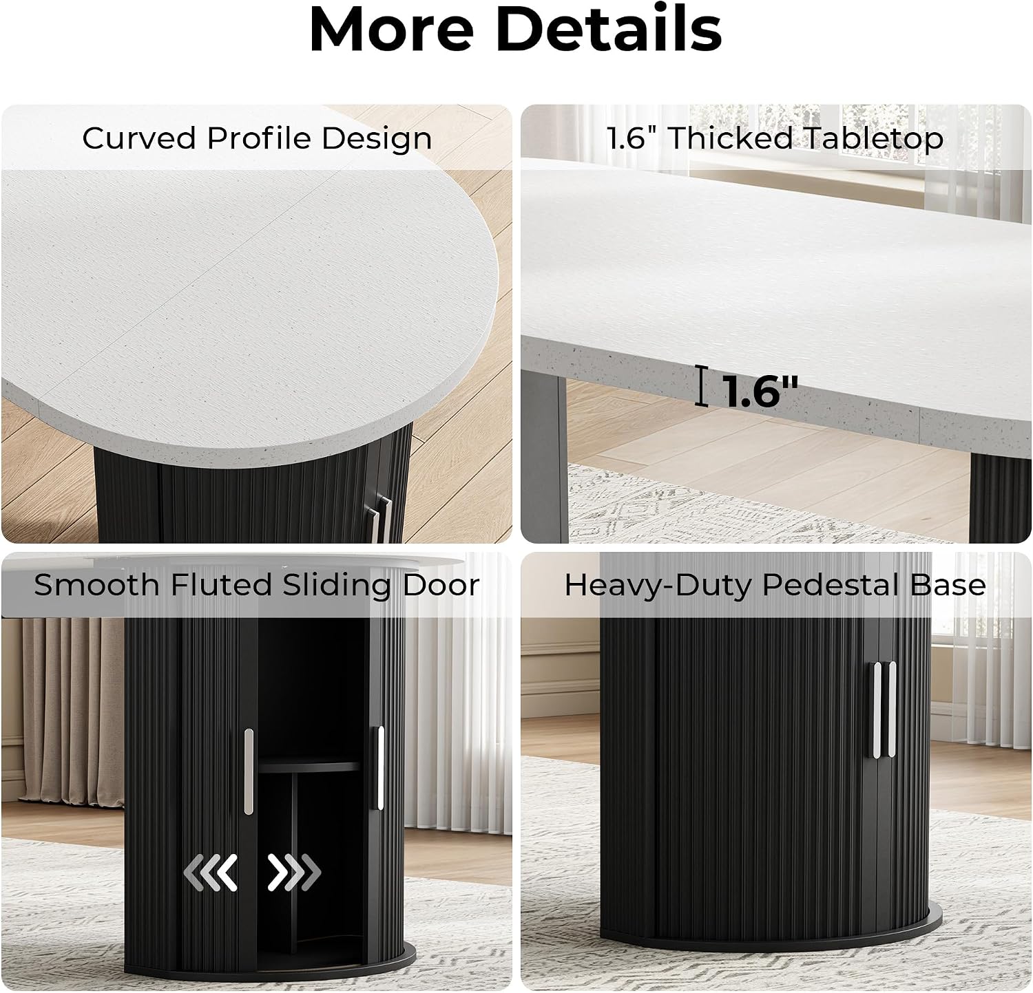 71" Oval Dining Table for 4-6 with Hidden Storage, Modern Farmhouse Kitchen Table with Fluted Semi-Cylindrical Legs, Faux Quartz Top for Dining Room, Kitchen, Living Room & Home Office (Black)