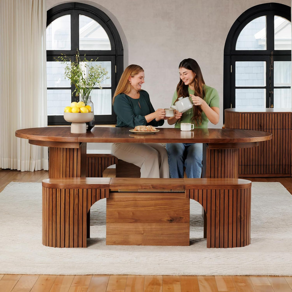 Solid Wood Extendable Round Dining Table Set, Expandable Dining Table, Elegant and Functional Design, Perfect for Dining Room, Royal Brown (Table + 2 Benches)