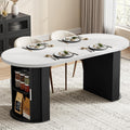 71" Oval Dining Table for 4-6 with Hidden Storage, Modern Farmhouse Kitchen Table with Fluted Semi-Cylindrical Legs, Faux Quartz Top for Dining Room, Kitchen, Living Room & Home Office (Black)