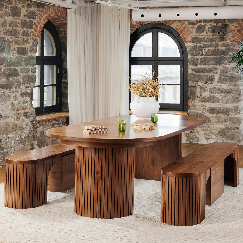 Solid Wood Extendable Round Dining Table Set, Expandable Dining Table, Elegant and Functional Design, Perfect for Dining Room, Royal Brown (Table + 2 Benches)