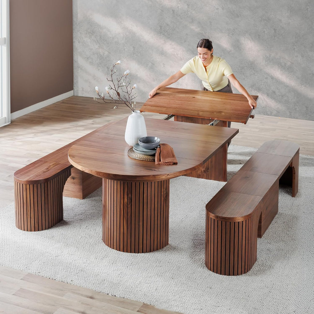 Solid Wood Extendable Round Dining Table Set, Expandable Dining Table, Elegant and Functional Design, Perfect for Dining Room, Royal Brown (Table + 2 Benches)