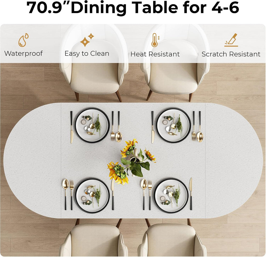 71" Oval Dining Table for 4-6 with Hidden Storage, Modern Farmhouse Kitchen Table with Fluted Semi-Cylindrical Legs, Faux Quartz Top for Dining Room, Kitchen, Living Room & Home Office (Black)