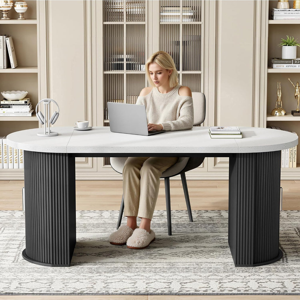 71" Oval Dining Table for 4-6 with Hidden Storage, Modern Farmhouse Kitchen Table with Fluted Semi-Cylindrical Legs, Faux Quartz Top for Dining Room, Kitchen, Living Room & Home Office (Black)
