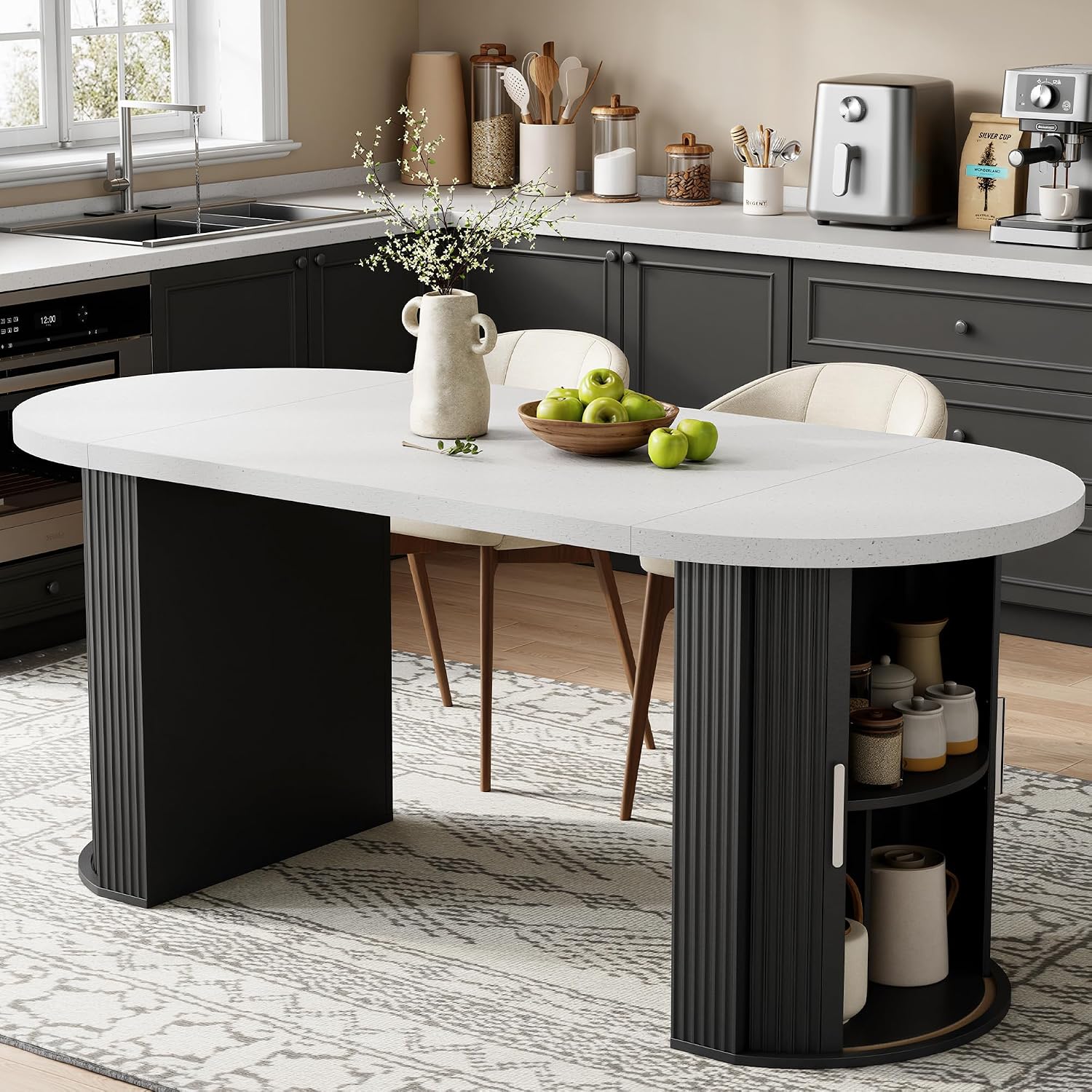 71" Oval Dining Table for 4-6 with Hidden Storage, Modern Farmhouse Kitchen Table with Fluted Semi-Cylindrical Legs, Faux Quartz Top for Dining Room, Kitchen, Living Room & Home Office (Black)