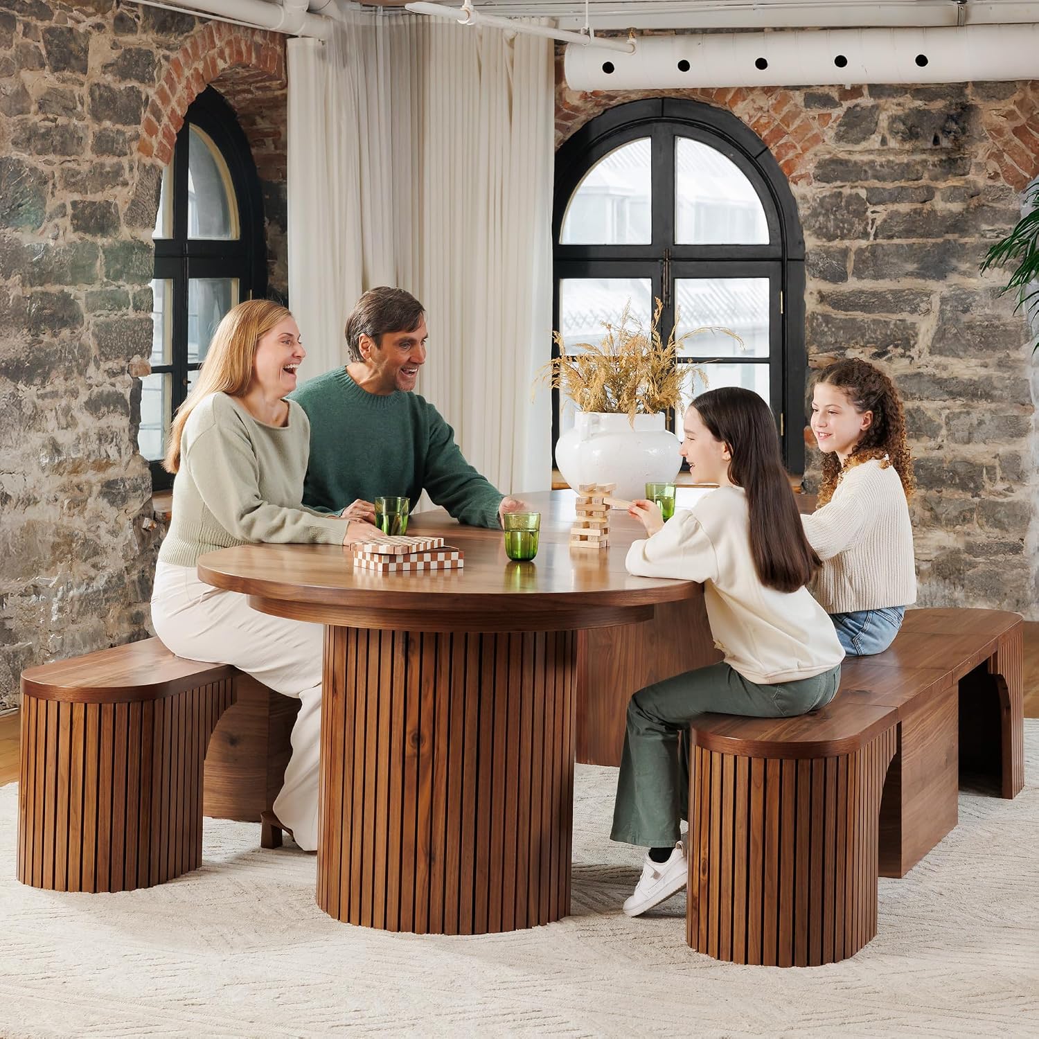 Solid Wood Extendable Round Dining Table Set, Expandable Dining Table, Elegant and Functional Design, Perfect for Dining Room, Royal Brown (Table + 2 Benches)